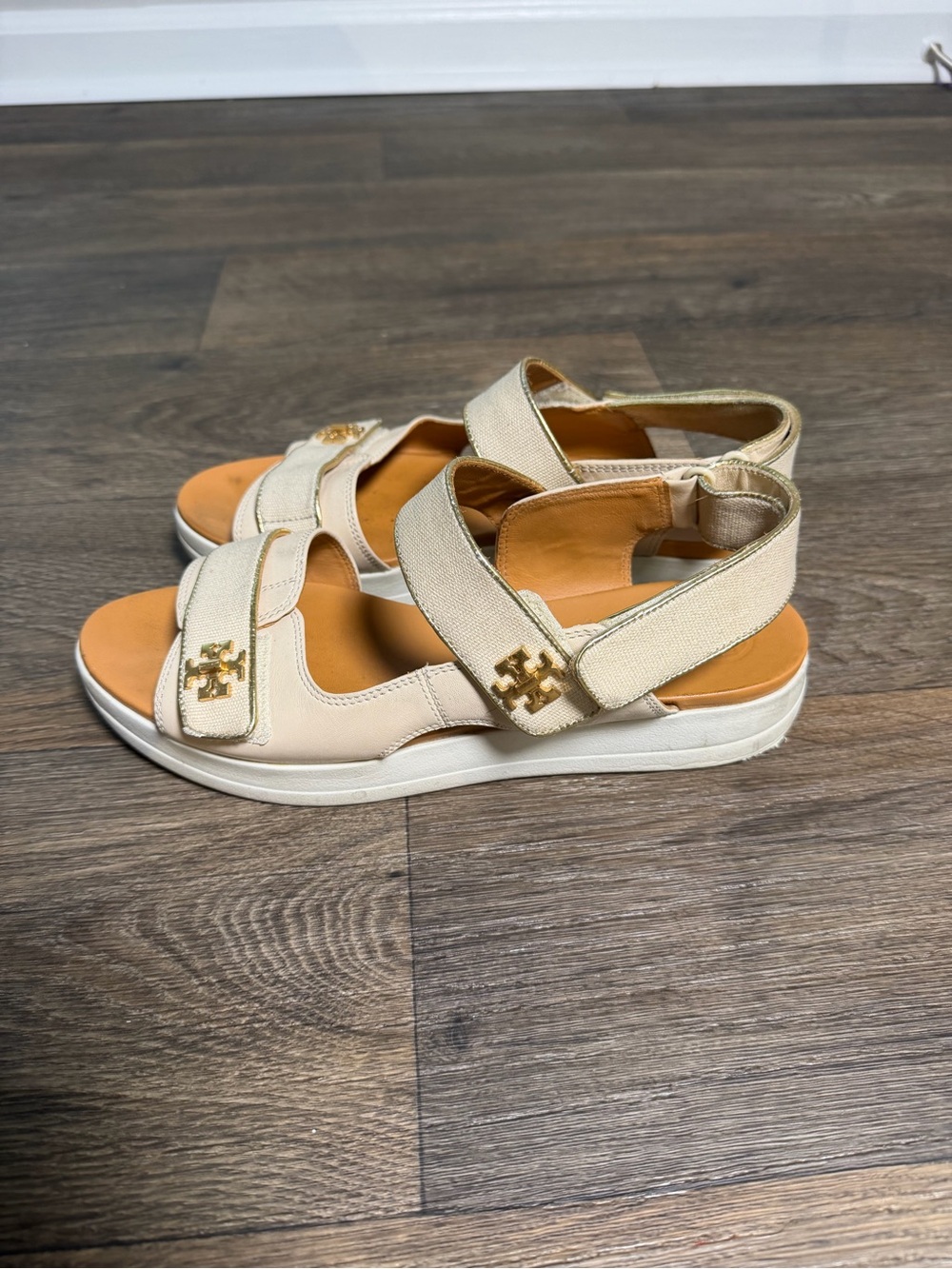 Tory Burch Kira Sport Cream and Tan Gold-Logo Velcro Sport Sandals